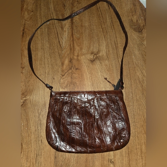 Vintage Genuine Eel Skin Purse Handbag Chocolate Brown Shoulder Strap Korea - Picture 1 of 7